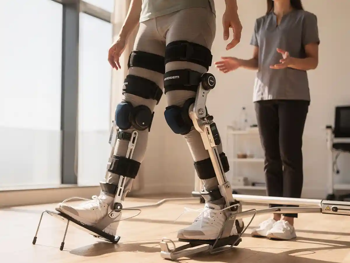Young person using a robotic gait trainer with a physical therapist during a cerebral palsy therapy session