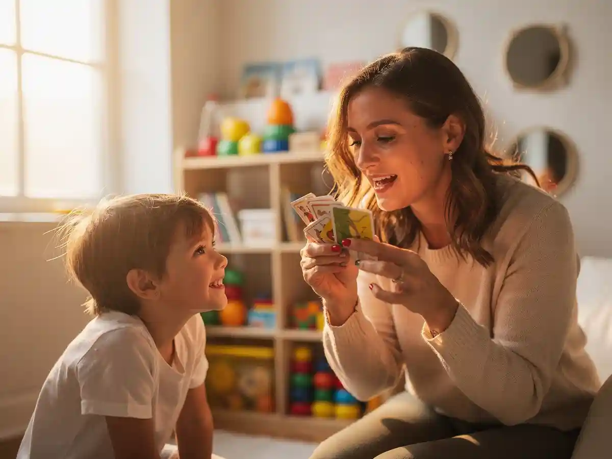 Speech-language pathologist working with a young child on articulation exercises during a cerebral palsy speech therapy session