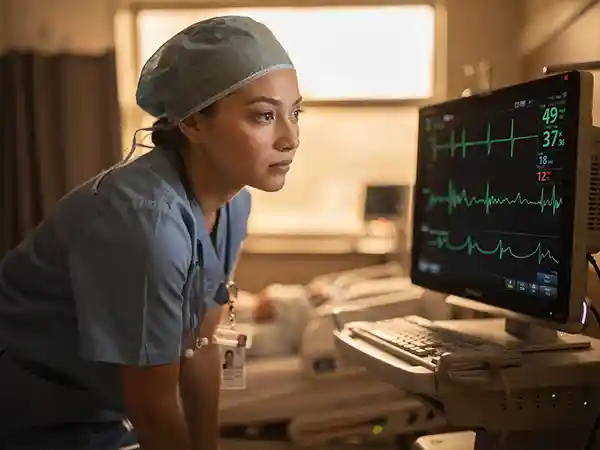 Labor and delivery nurse closely monitoring electronic fetal heart rate tracing during a delivery