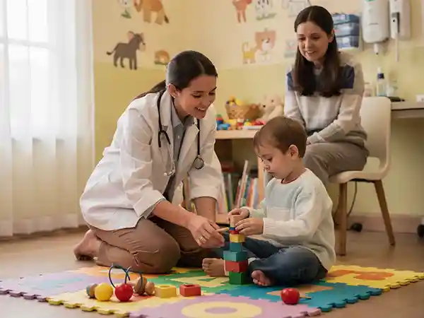 Pediatrician conducting structured developmental screening with a young child and parent during a well-child visit