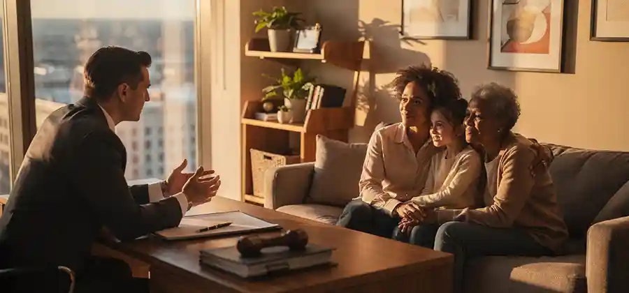 Family consulting with a cerebral palsy birth injury lawyer about legal options and compensation