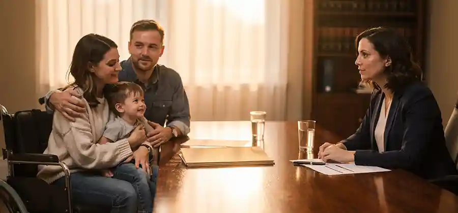 Family meeting with a birth injury lawyer to discuss cerebral palsy legal options and compensation