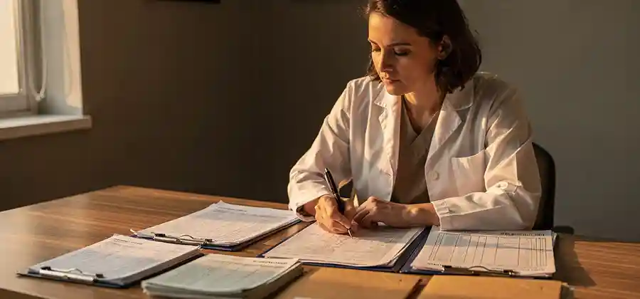 Medical professional reviewing birth records during a cerebral palsy malpractice case investigation