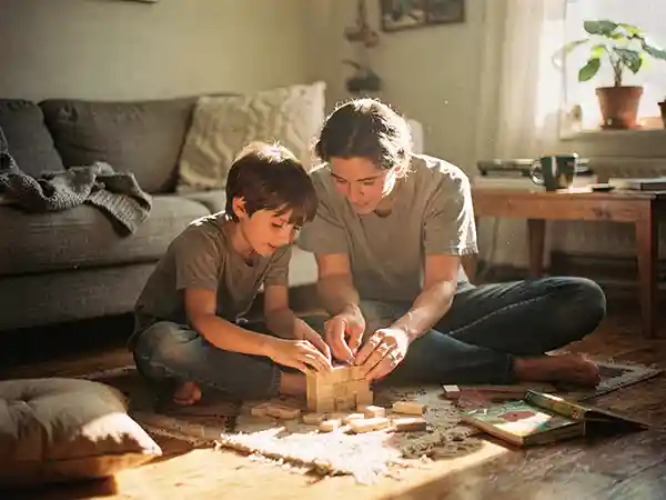 Parent and child with cerebral palsy working together on a therapy task, illustrating the long-term care journey