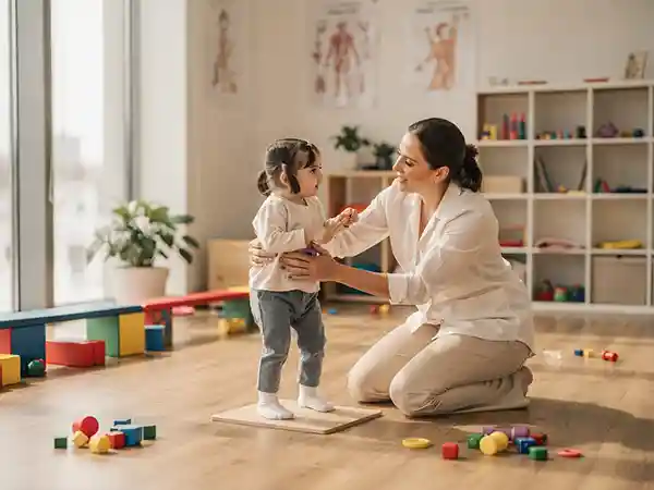 Pediatric physical therapist conducting standardized motor skills assessment with a young child during cerebral palsy screening