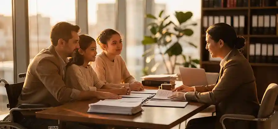 Family meeting a lawyer to discuss a cerebral palsy settlement for lifetime care