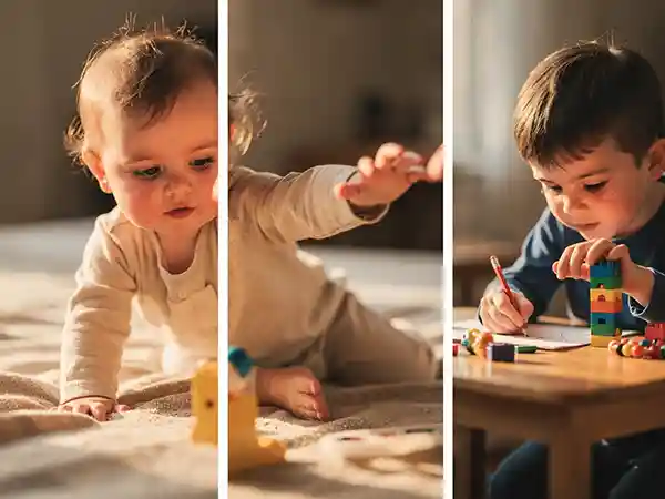 Children at different developmental stages illustrating how cerebral palsy symptoms evolve from infancy through school age