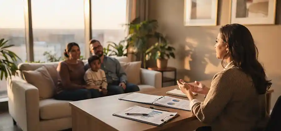 Family reviewing cerebral palsy treatment costs and financial planning with a care coordinator