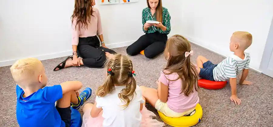 Children with different types of cerebral palsy participating in therapy sessions to improve movement and independence
