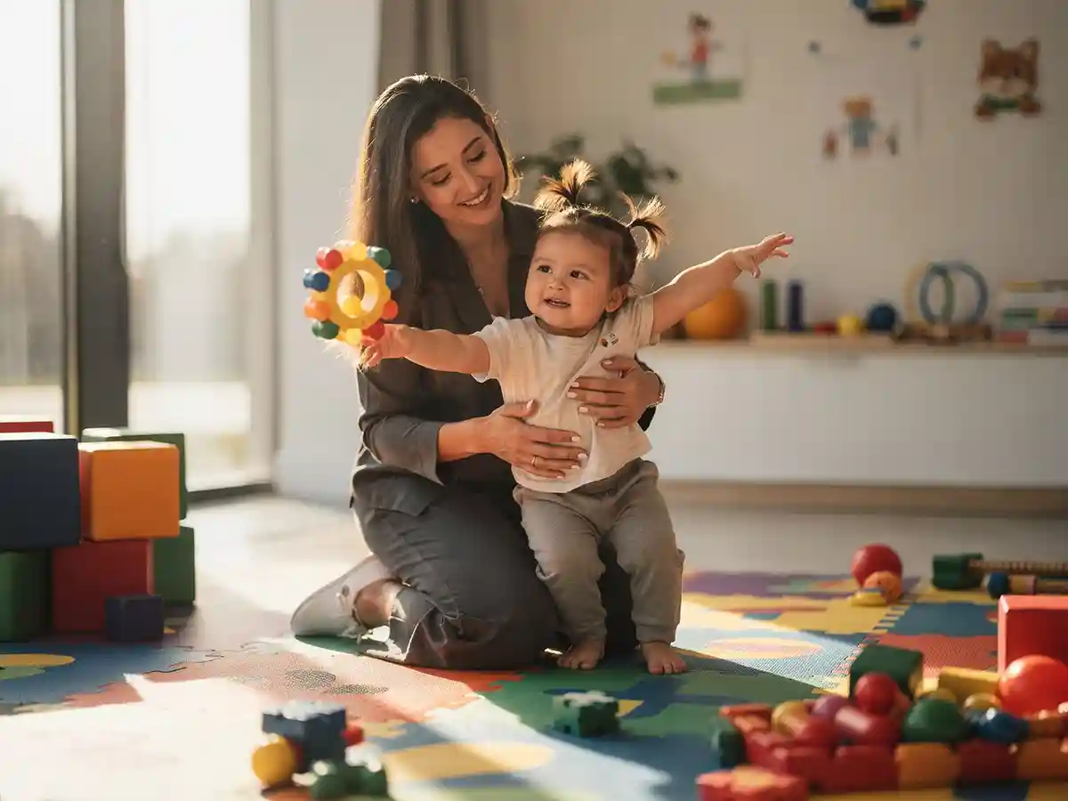 Pediatric physical therapist engaged in play-based therapy with a young child during a cerebral palsy session