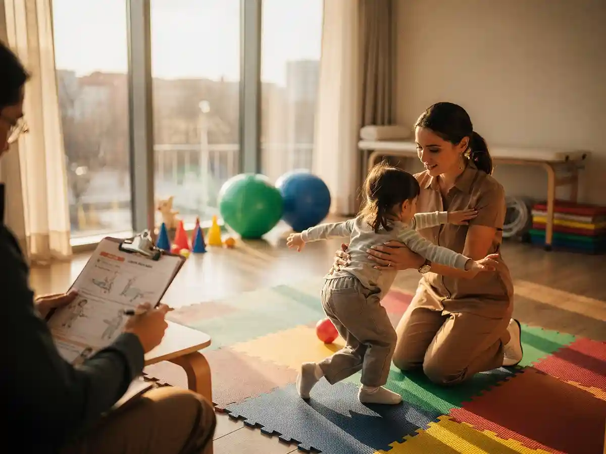 Pediatric clinician conducting a GMFCS assessment with a child during a cerebral palsy classification evaluation