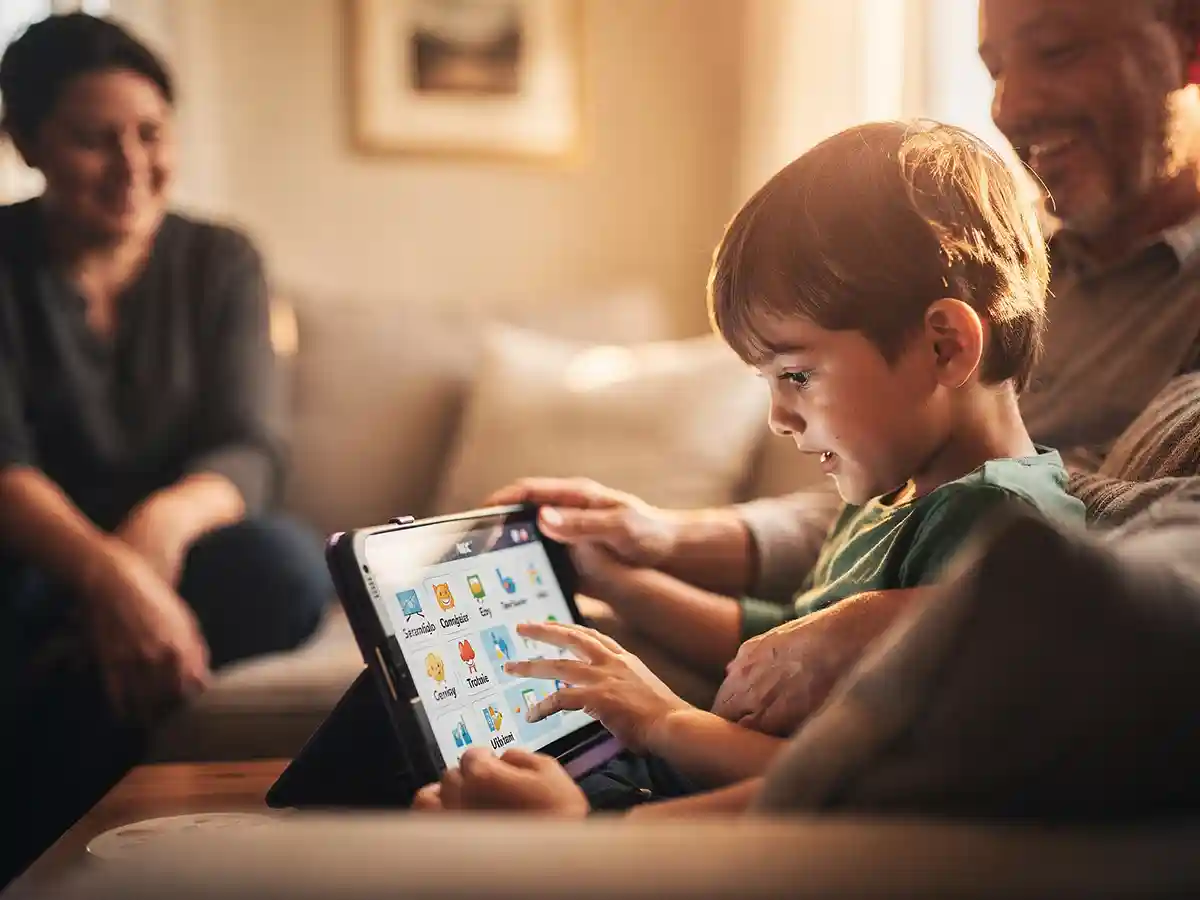 Young person using a speech-generating AAC device with eye-gaze input while a family member engages
