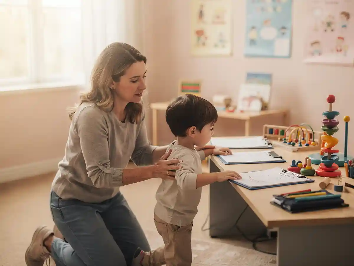 Pediatric neurologist conducting a developmental and movement assessment with a young child to diagnose cerebral palsy