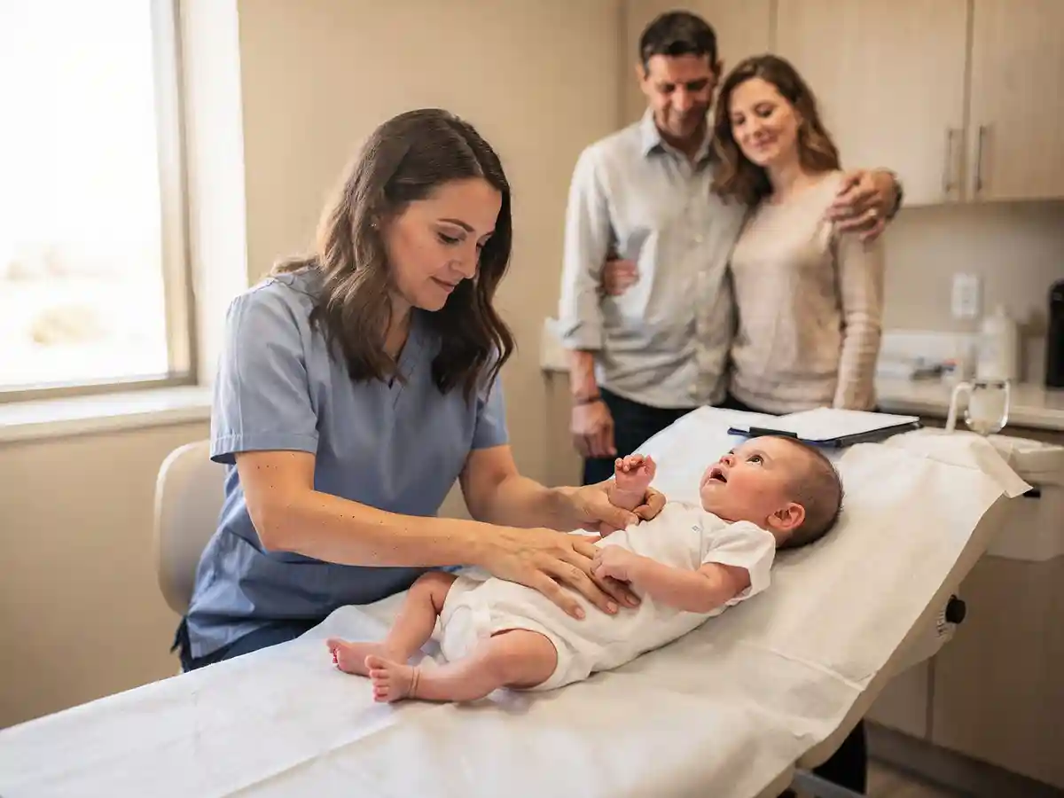 Pediatric specialist examining a newborn's arm during an Erb's palsy diagnostic evaluation