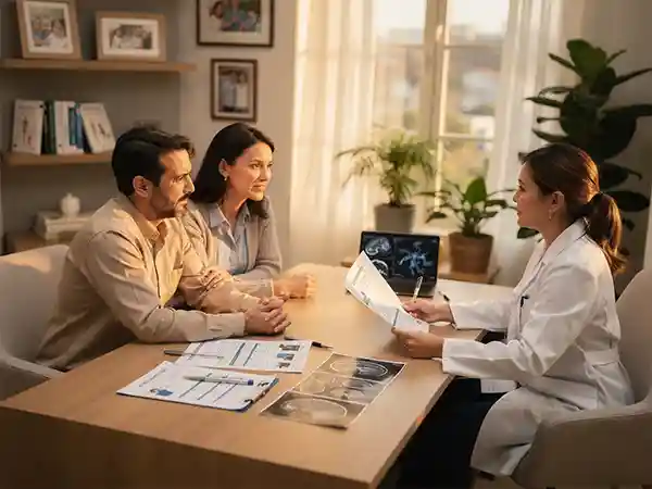 Pediatric neurologist reviewing multiple test results with parents to distinguish cerebral palsy from look-alike conditions