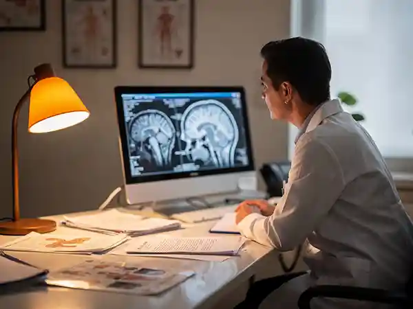 Pediatric neurologist reviewing a child's brain MRI scans alongside the medical chart during a cerebral palsy differential diagnosis