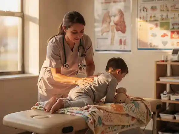 Pediatric therapist working with a young child with cerebral palsy while a parent observes and learns to continue therapy at home