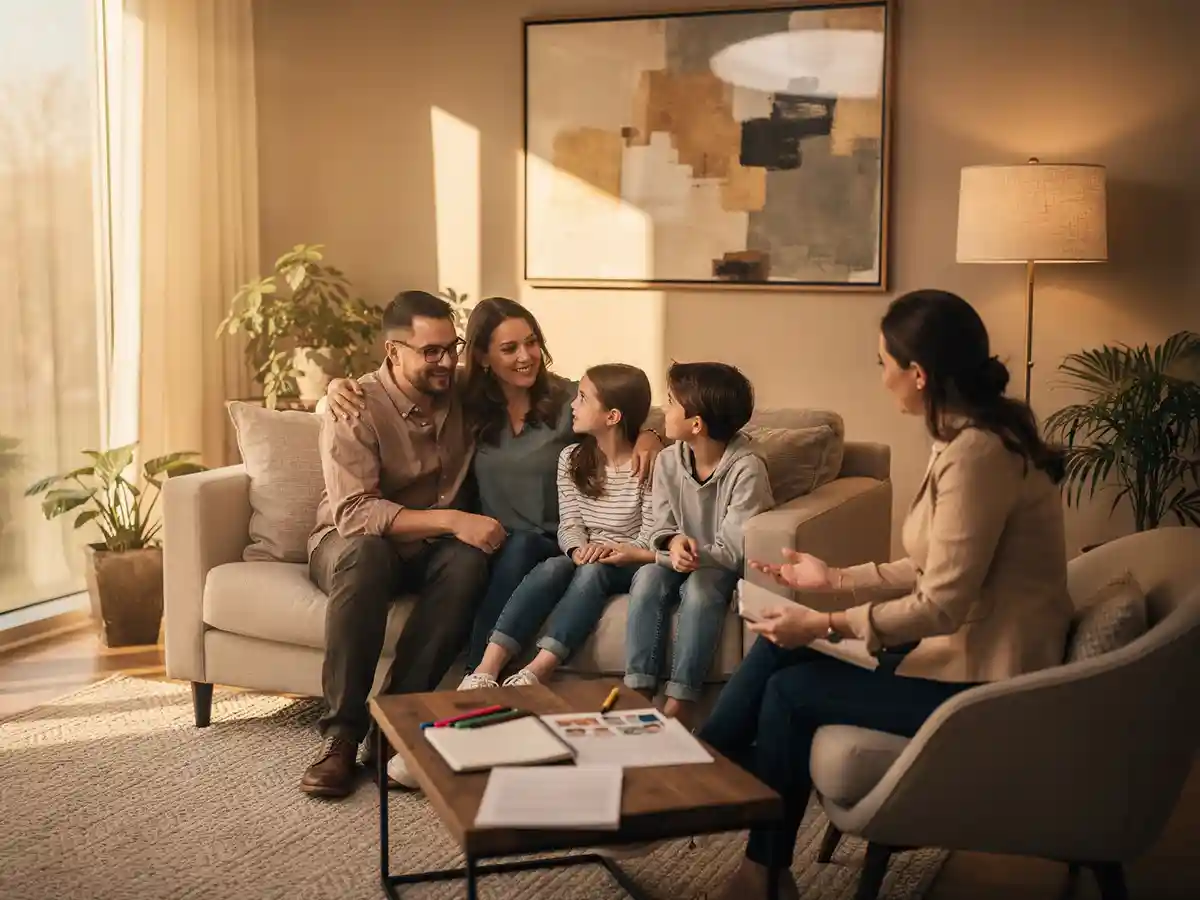 Family in a counseling session discussing emotional support strategies for Erb's palsy