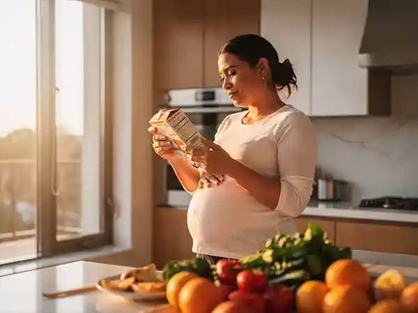 Pregnant woman reading product labels in a kitchen environment, demonstrating proactive awareness of environmental toxin exposure during pregnancy
