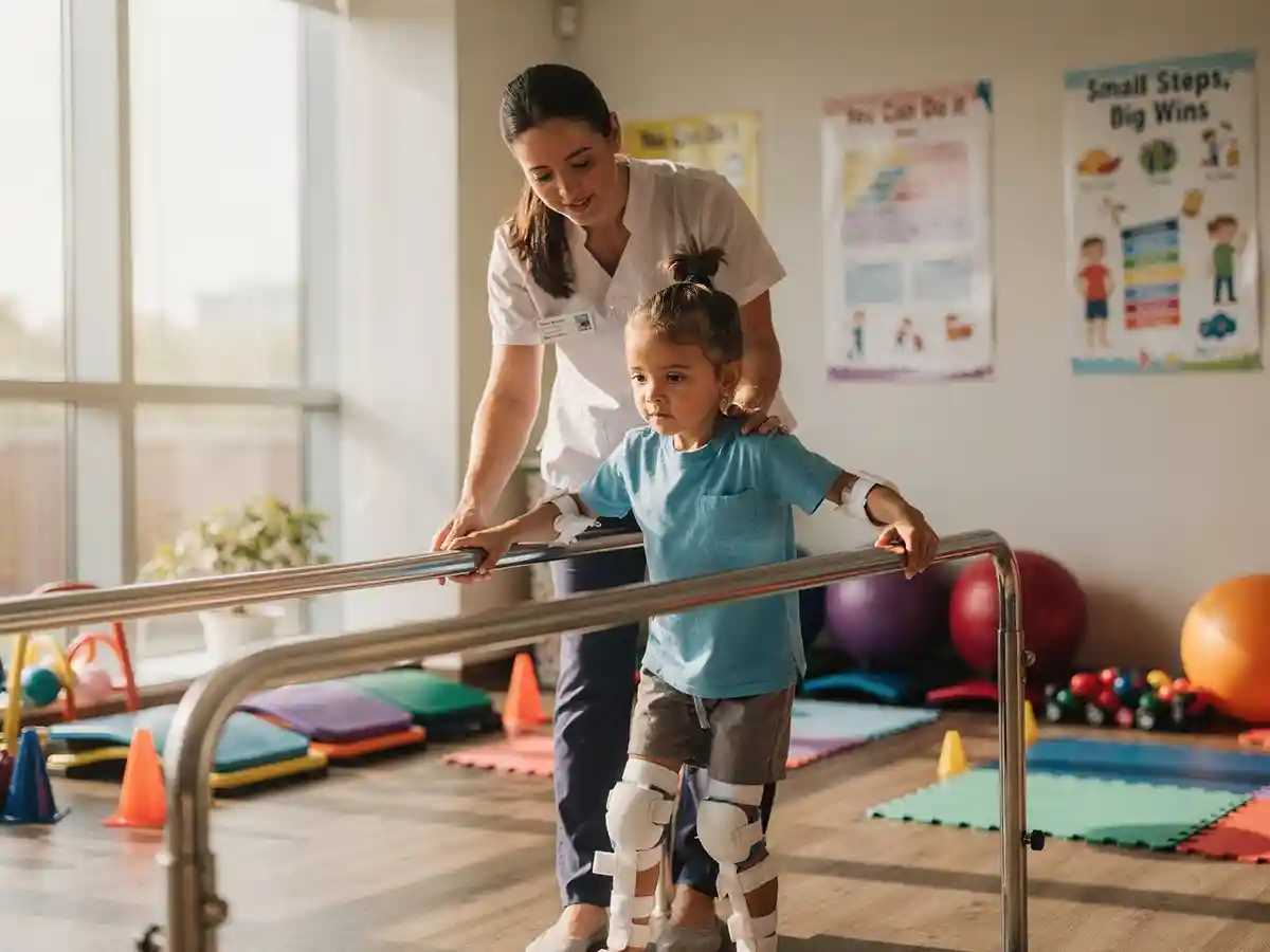 Physical therapist reviewing progress and therapy goals with a child and family member during a cerebral palsy therapy session