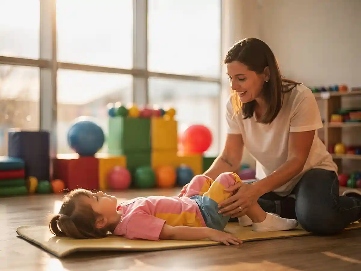 Young child practicing constraint-induced movement therapy with a pediatric therapist as part of hemiplegic cerebral palsy treatment