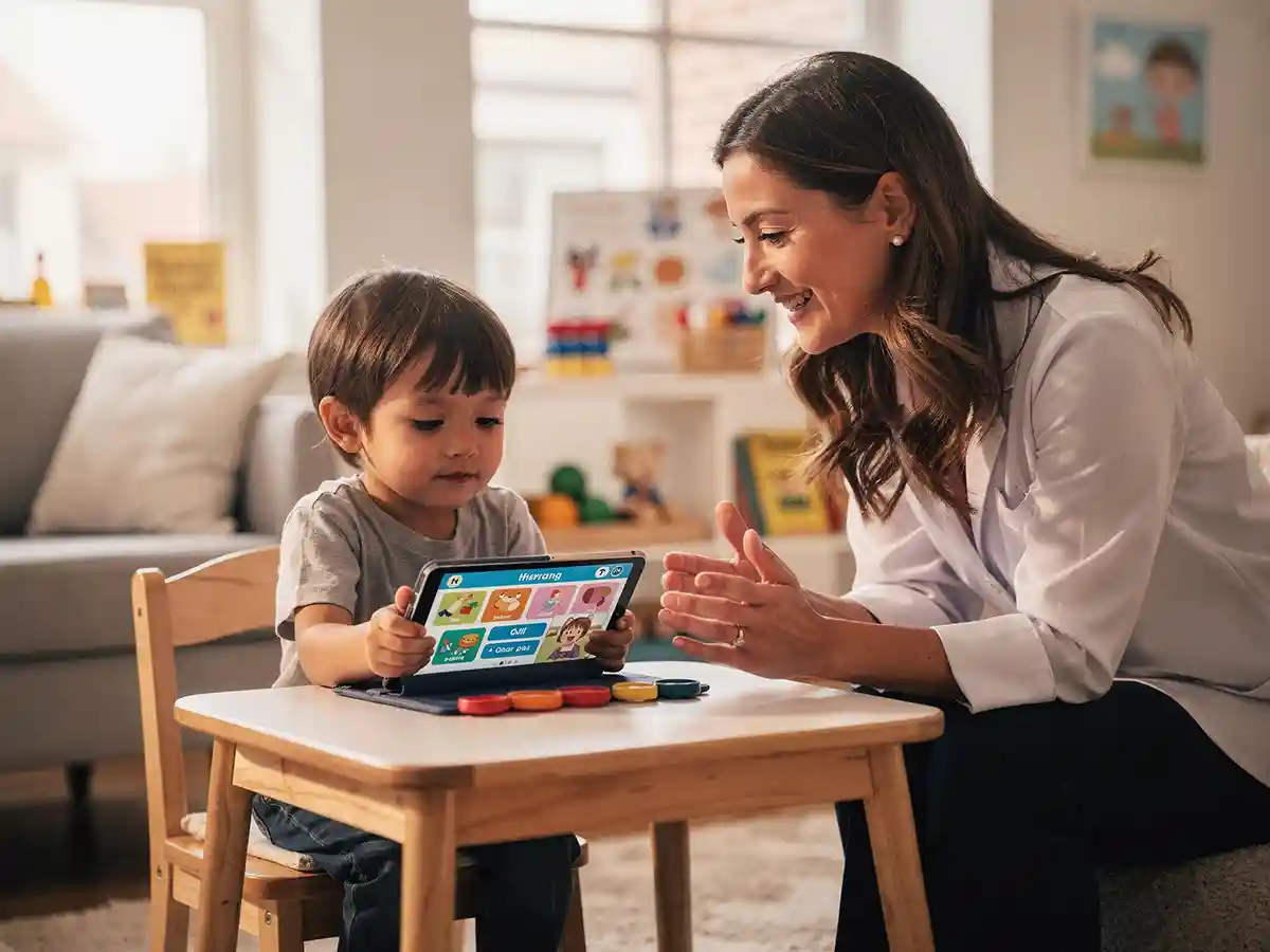 Child using a tablet-based speech therapy app with a speech-language pathologist during a cerebral palsy session