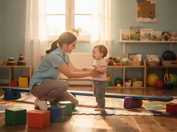 Pediatric physical therapist working with a toddler on motor skill development during an early intervention therapy session
