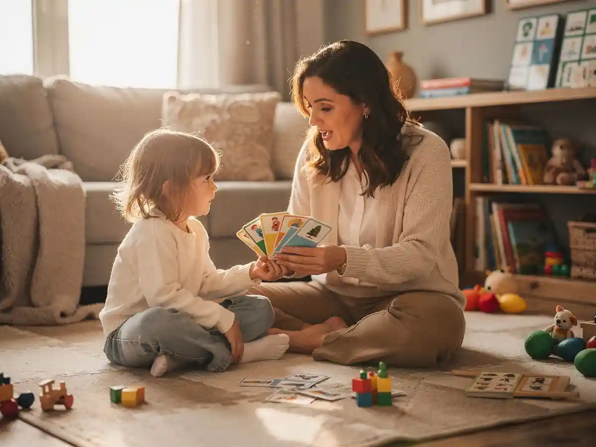 Parent reading aloud with a child during a language development activity for cerebral palsy