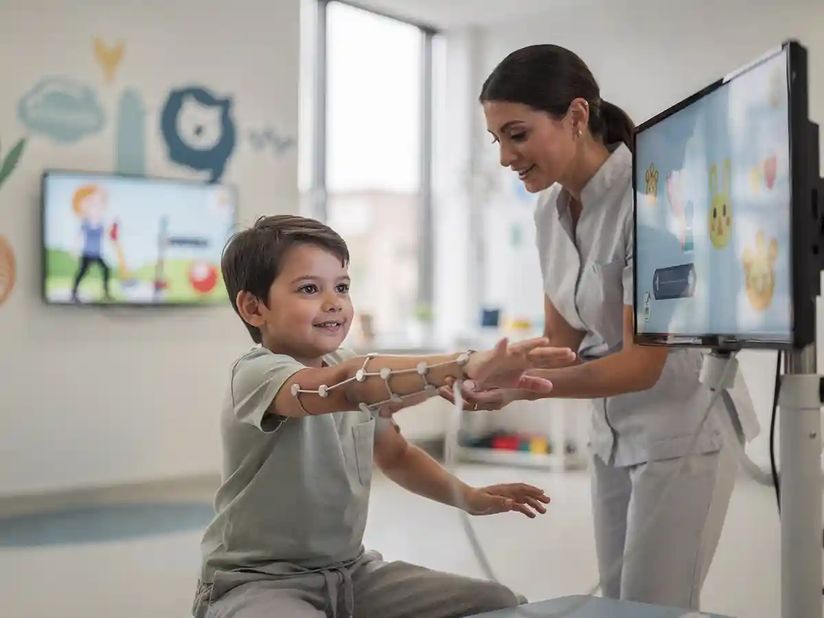 Child engaged in a technology-augmented rehabilitation session as part of latest Erb's palsy research