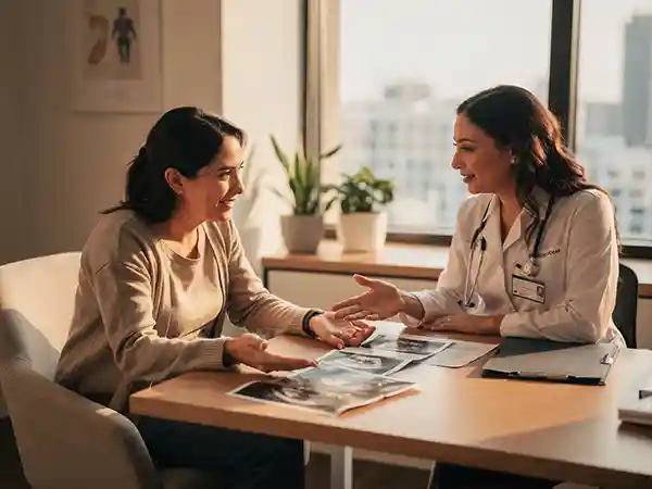 Pregnant patient discussing prenatal screening results and vaccination with a healthcare provider during a prenatal visit