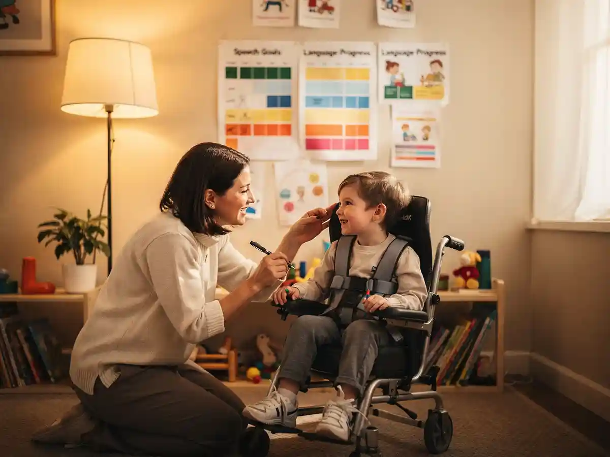 Speech therapist reviewing speech and language milestone progress with a child and parent during a cerebral palsy therapy session