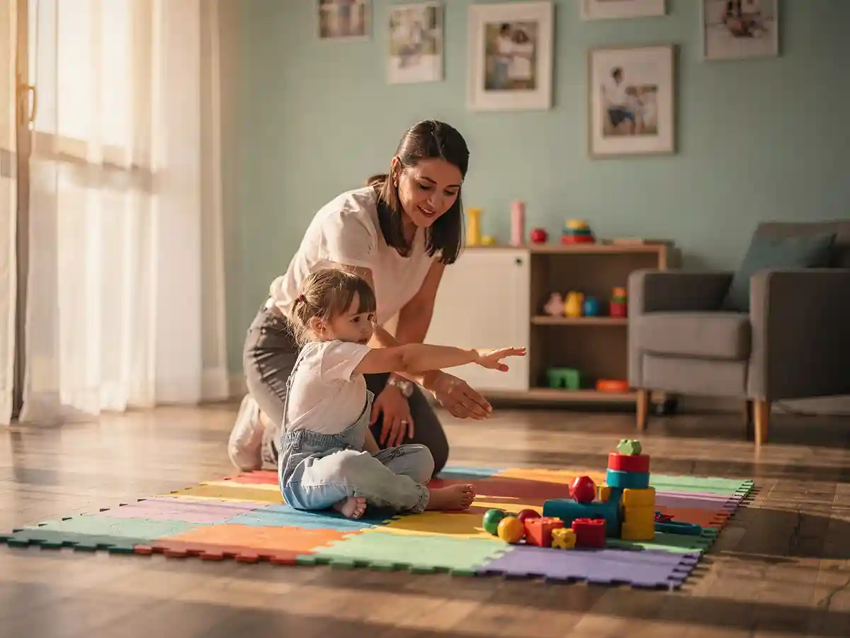 Pediatric therapist guiding a young child through targeted single-limb strengthening exercises as part of monoplegic cerebral palsy therapy