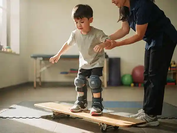 Pediatric physical therapist working with a young child on gross-motor skills like balance and assisted walking