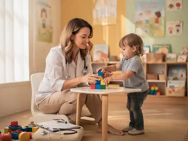 Pediatric neurologist conducting a comprehensive neurological examination of a young child during a cerebral palsy assessment