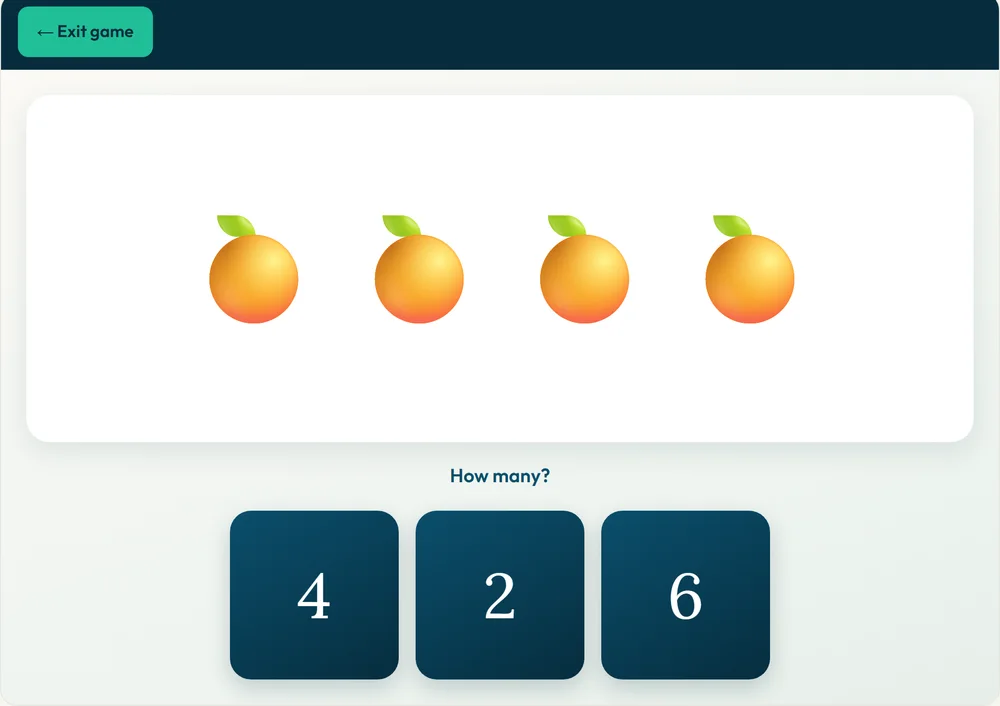 Count It game asking How many? with four oranges and large number choices to tap