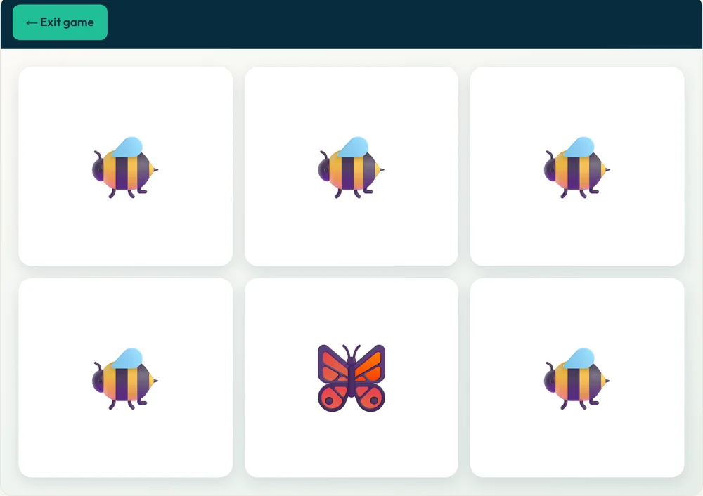 Odd One Out game showing a grid of bees with a single butterfly to identify
