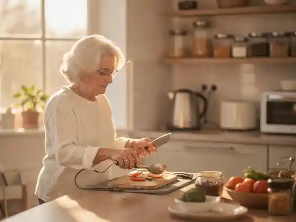 Older adult with cerebral palsy engaged in meaningful daily activity, illustrating that active management supports a full life into older adulthood