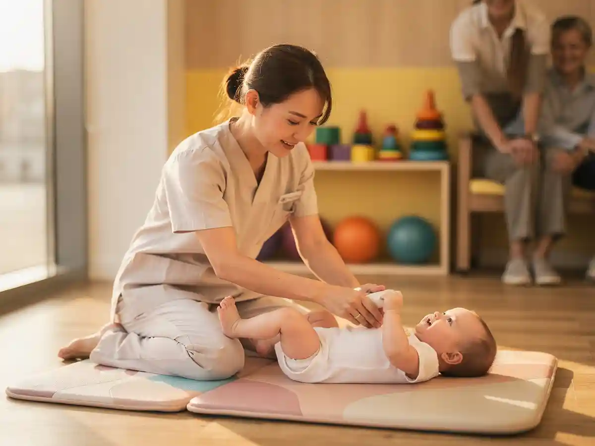 Pediatric physical therapist guiding range of motion exercises for an infant with Erb's palsy