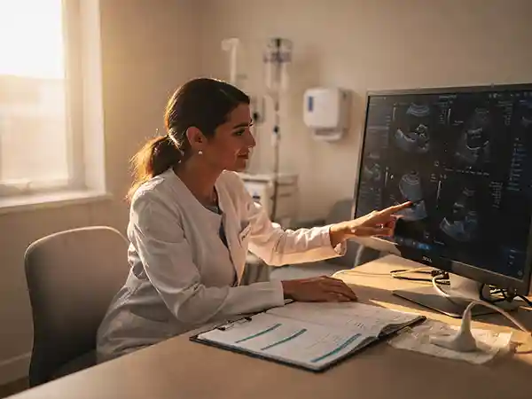 Maternal-fetal medicine specialist reviewing detailed fetal ultrasound imagery during a prenatal monitoring appointment