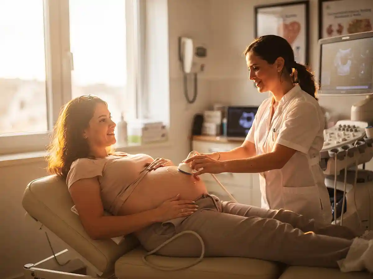 Pregnant woman receiving prenatal monitoring as part of Erb's palsy prevention strategies