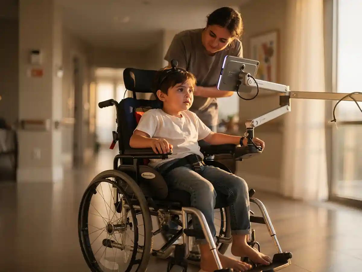 Child with quadriplegic cerebral palsy using assistive technology and adaptive seating with a supportive therapist
