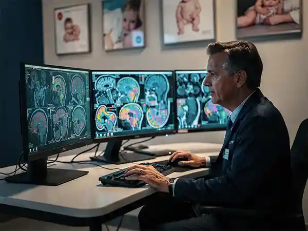 Pediatric radiologist analyzing brain MRI scans on a high-resolution display, identifying injury patterns associated with cerebral palsy
