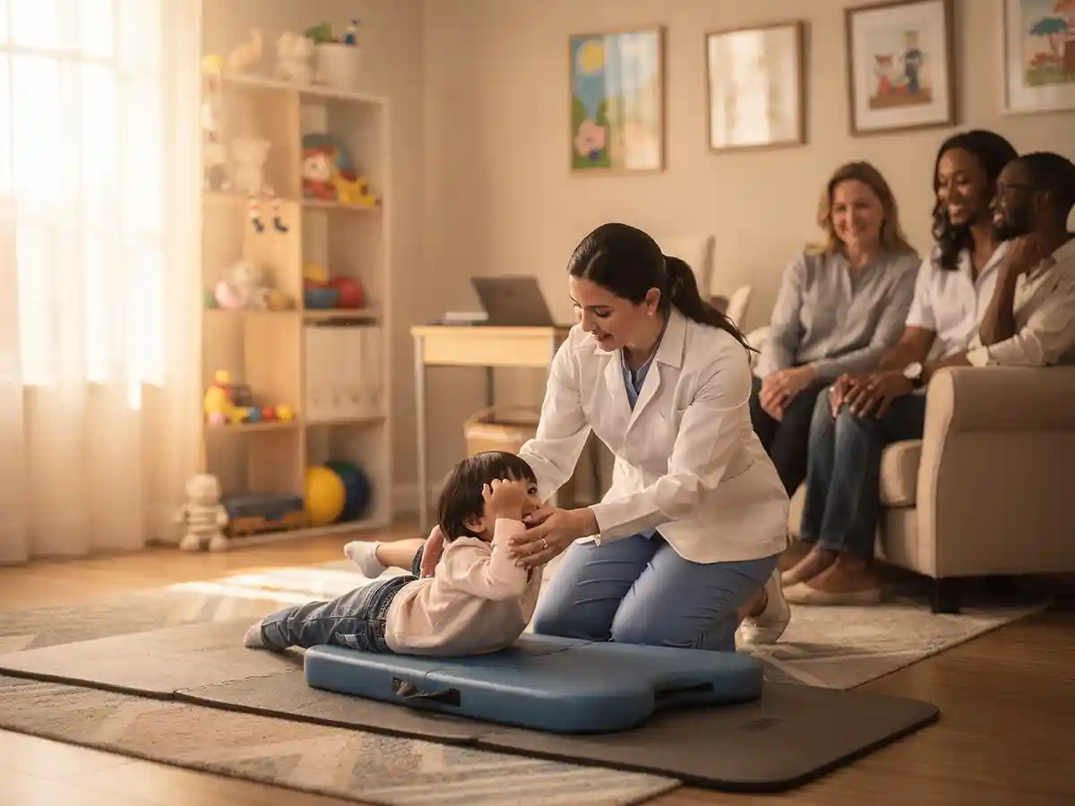 Pediatric therapist reviewing GMFCS severity assessment results with a parent during a cerebral palsy evaluation