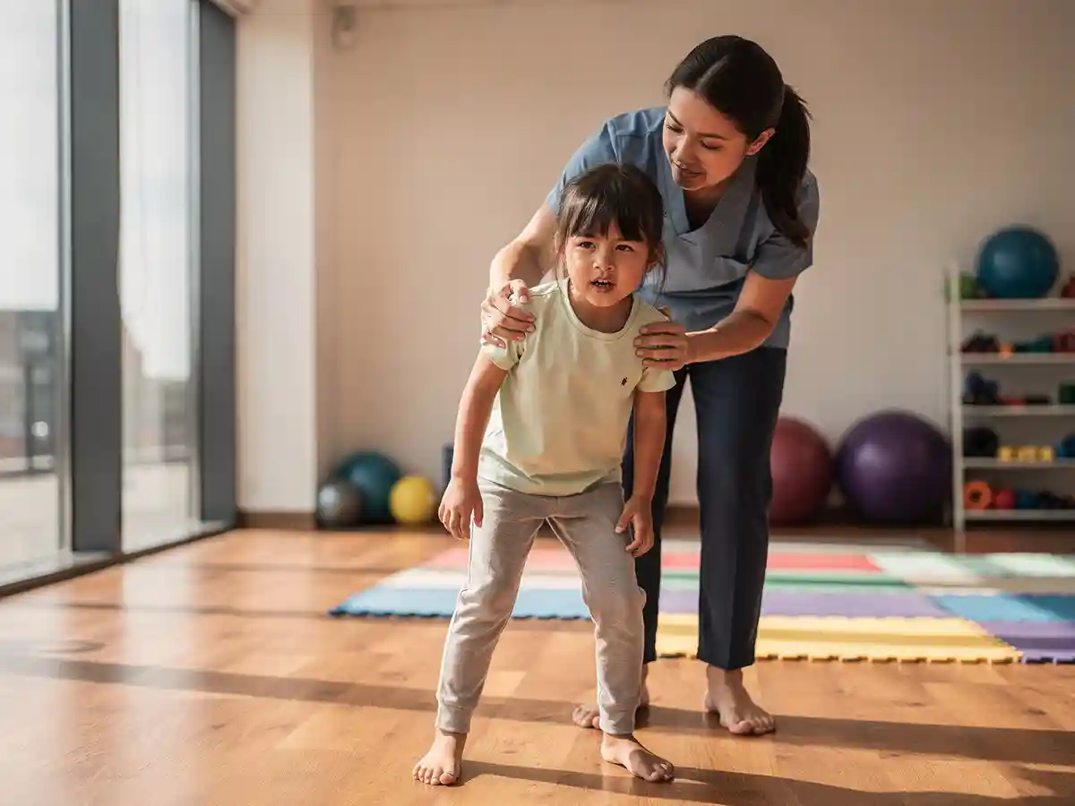 Pediatric physical therapist working with a young child on standing balance and gait training as part of spastic cerebral palsy care