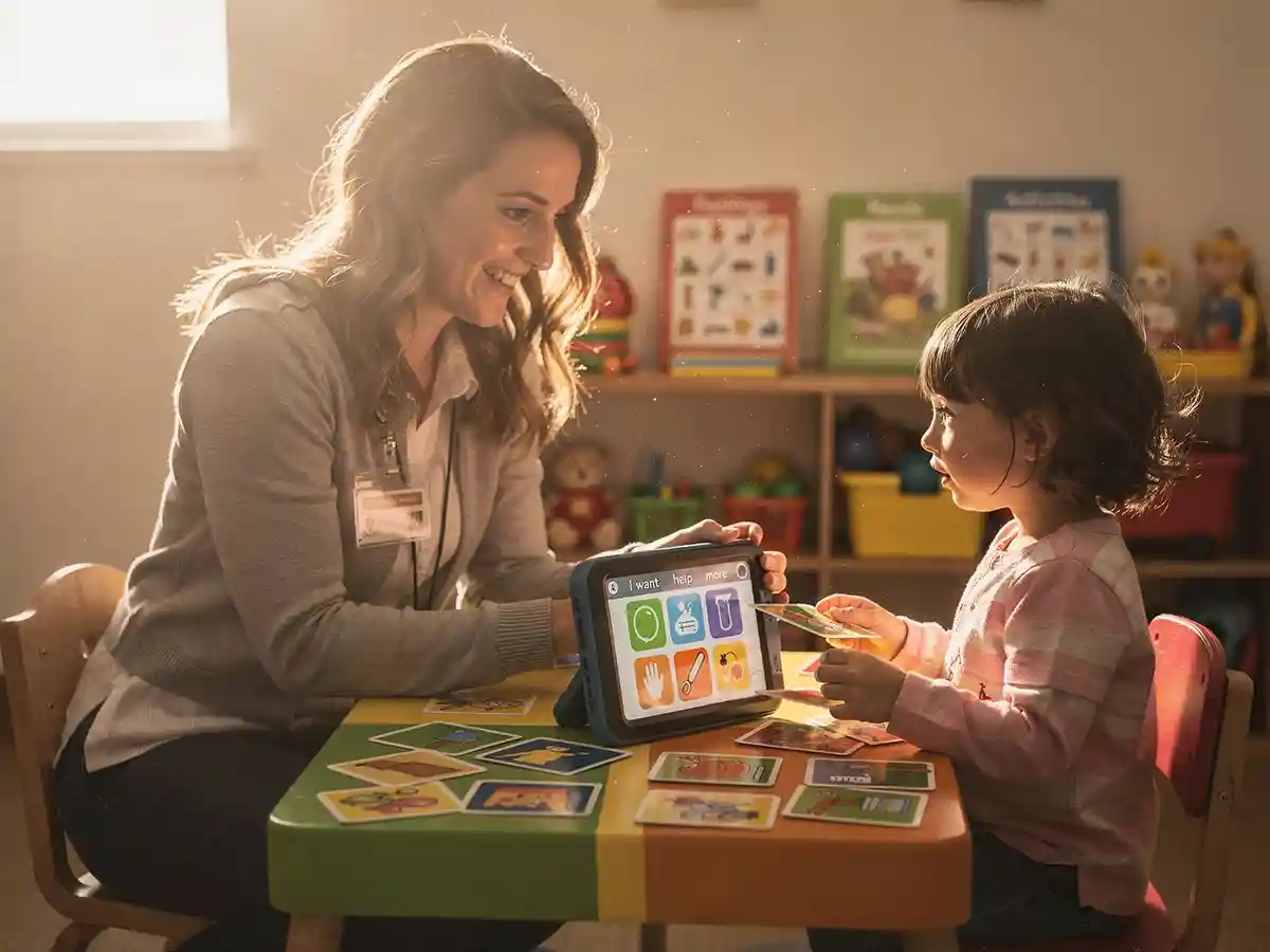Speech-language pathologist using picture cards and AAC tools during a play-based speech therapy session for a child with cerebral palsy