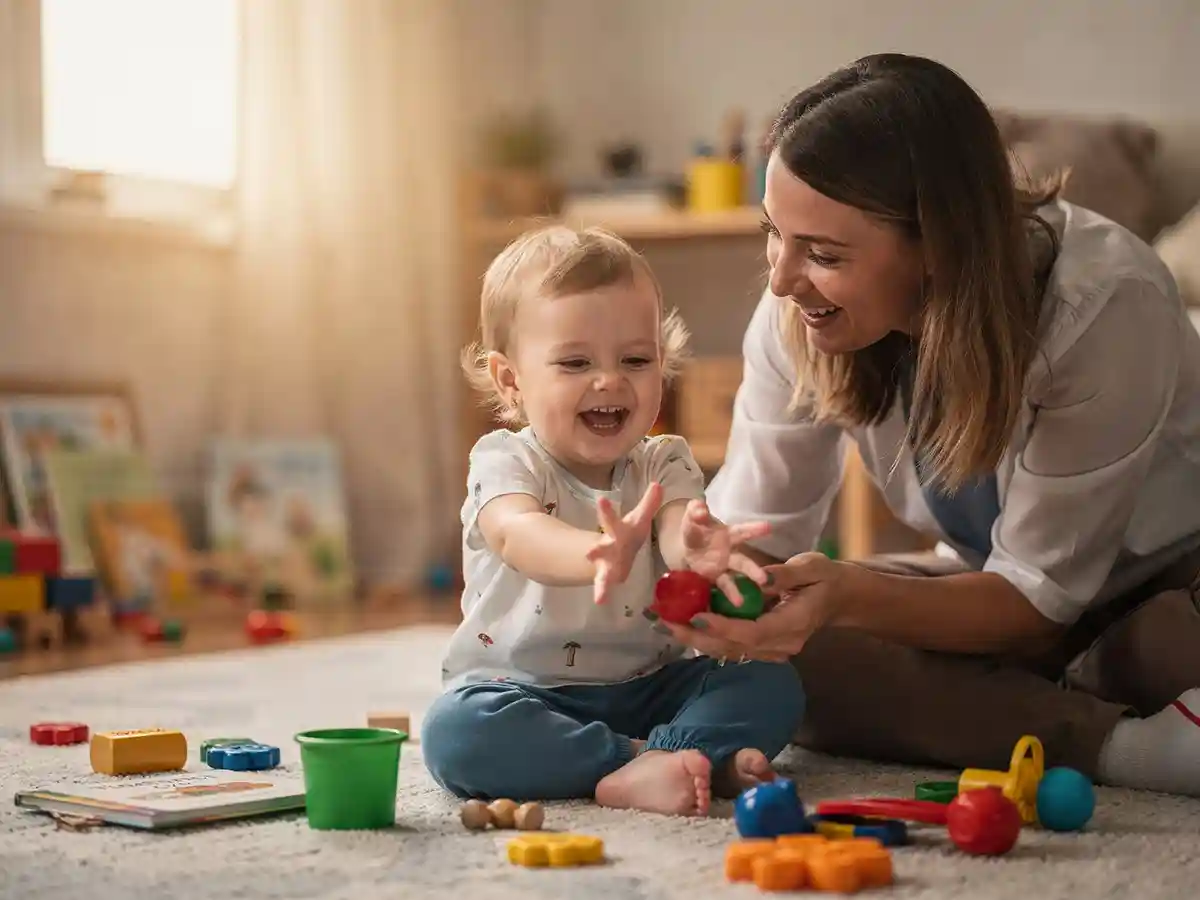 Speech therapist working with a toddler using play-based activities during a cerebral palsy speech therapy session