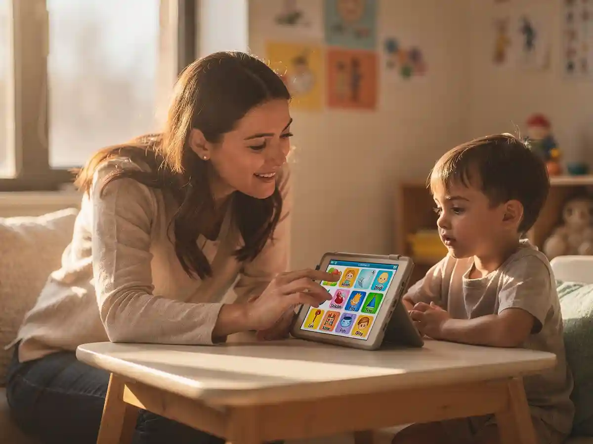 Speech-language pathologist using a tablet-based AAC app with a child during a cerebral palsy speech therapy session