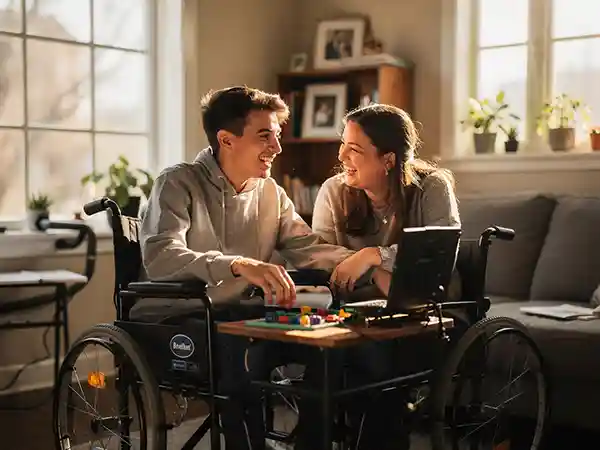 Young adult with cerebral palsy actively engaged in professional work using assistive technology, demonstrating that meaningful adult careers are typical outcomes